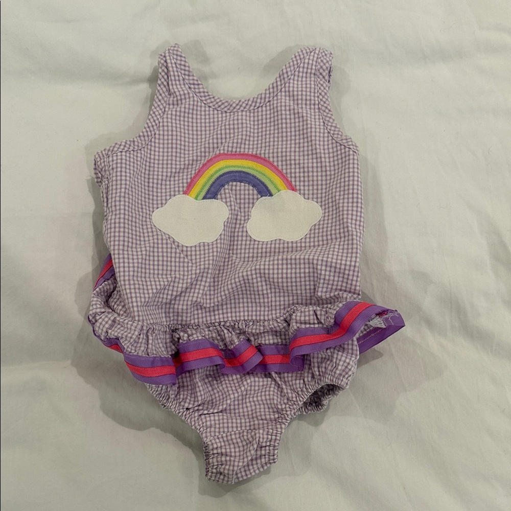 Kids Purple Gingham One-Piece Swimsuit with Rainbow